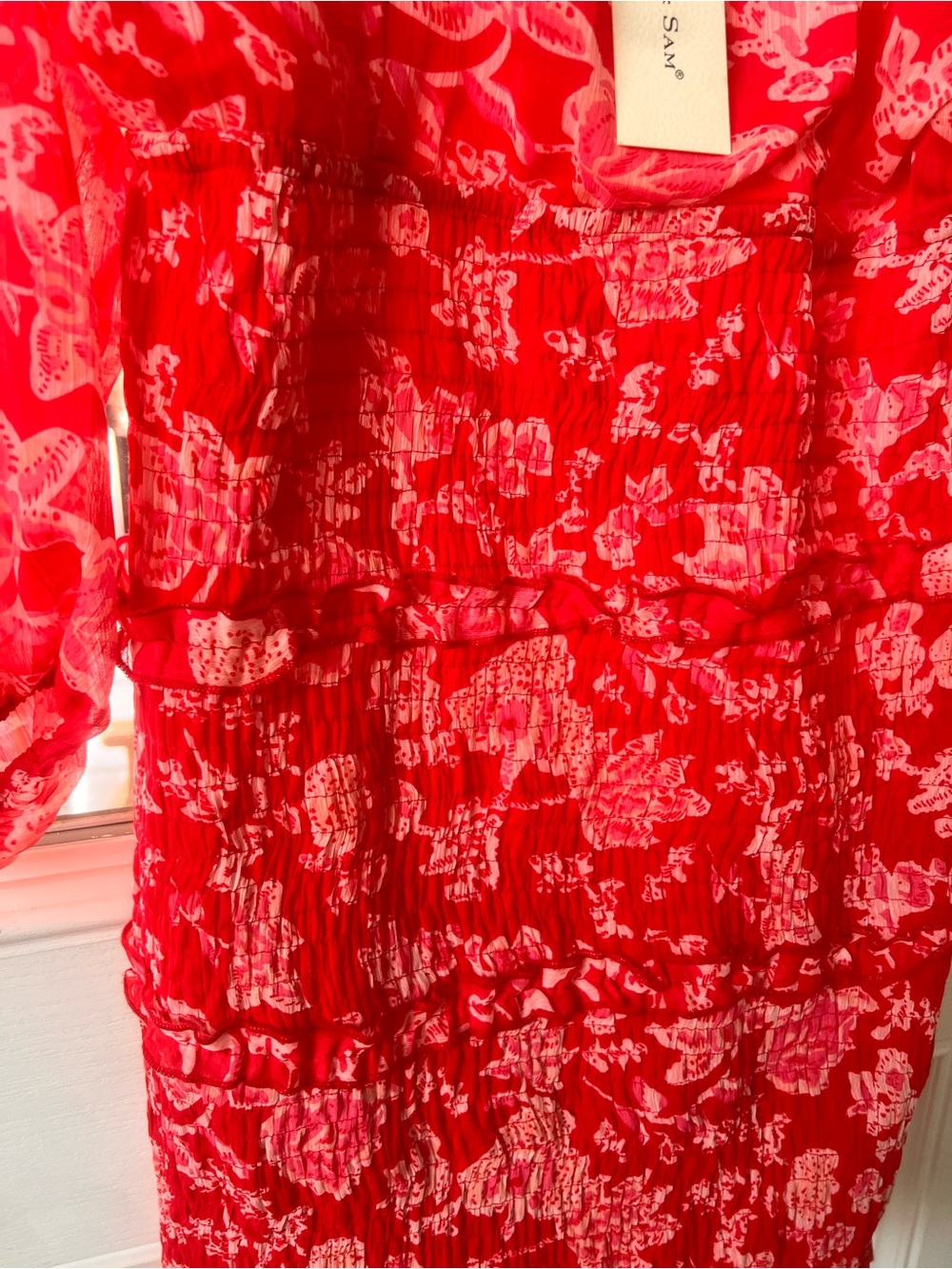 Sim & Sam Red Floral Smocked Waist Long-Sleeve dress 🐝 - Picture 4 of 6
